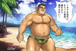 Rule 34 | 1boy, abs, arm hair, bara, beach, belly, blush, bulge, character request, chest hair, cloud, cloudy sky, covered penis, covered testicles, embarrassed, erection, erection under clothes, facial hair, fat, fat man, feet out of frame, gon (gontaku), green male swimwear, hairy, large pectorals, long sideburns, male focus, male swimwear, mature male, muscular, muscular male, navel, nipples, official alternate costume, old, old man, palm tree, pectorals, see-through, short hair, sideburns, sky, solo, standing, stomach, stubble, swim briefs, thick thighs, thighs, tokyo houkago summoners, topless male, tree, wet male swimwear