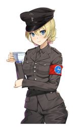 Rule 34 | 1girl, absurdres, armband, artist request, black jacket, black necktie, black shirt, blonde hair, blue eyes, braid, breast pocket, breasts, british union of fascists, cropped legs, cup, darjeeling (girls und panzer), england, french braid, girls und panzer, hat, highres, holding, holding cup, jacket, long sleeves, looking at viewer, military, military hat, military uniform, necktie, oswald mosley, pocket, real life, saucer, shirt, smile, solo, source request, teacup, transparent background, uniform, united kingdom