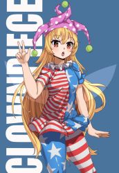 Rule 34 | !, 1girl, american flag dress, american flag legwear, american flag shirt, bad id, bad pixiv id, blonde hair, blue background, blush, character name, chestnut mouth, clownpiece, fairy wings, fingernails, flat chest, hat, heart, heart-shaped pupils, highres, jester cap, light, long hair, open mouth, pantyhose, red eyes, short sleeves, simple background, solo, striped clothes, striped pantyhose, symbol-shaped pupils, thighs, touhou, very long hair, wings, zhayoulu