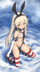 Rule 34 | 10s, 1girl, black panties, blonde hair, blush, breasts, brown eyes, dated, elbow gloves, gloves, hairband, kantai collection, kneeling, long hair, panties, shimakaze (kancolle), signature, small breasts, solo, striped clothes, striped thighhighs, thighhighs, underboob, underwear, white gloves, zaki (narashigeo)