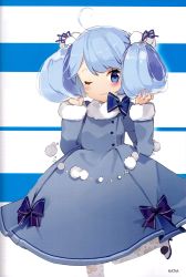 Rule 34 | 1girl, :3, absurdres, ahoge, anmi, blue background, blue dress, blue eyes, blue hair, blush, bow, character name, dress, fantasista doll, fur trim, hair ribbon, hands up, high heels, highres, katia (fantasista doll), long sleeves, looking at viewer, one eye closed, pantyhose, purple bow, purple ribbon, ribbon, scan, smile, solo, standing, standing on one leg, striped, striped background, twintails