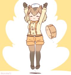 Rule 34 | 1girl, animal ears, arms up, belt, bow, bowtie, brown hair, capybara (kemono friends), capybara ears, capybara girl, coroha, extra ears, full body, gloves, jumping, kemono friends, looking at viewer, shirt, shoes, short hair, shorts, simple background, solo, suspenders, tenugui, thighhighs, yellow background