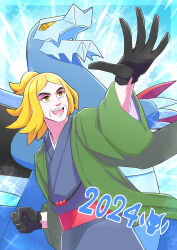 Rule 34 | 1boy, 2024, :d, absurdres, alternate costume, baxcalibur, black gloves, blonde hair, clenched hand, commentary request, creatures (company), game freak, gloves, green jacket, grey kimono, hassel (pokemon), highres, jacket, japanese clothes, kimono, looking to the side, male focus, momo02634, nintendo, open mouth, orange eyes, outstretched arm, parted bangs, pokemon, pokemon (creature), pokemon sv, sash, short ponytail, smile, spread fingers, teeth, tongue, upper teeth only