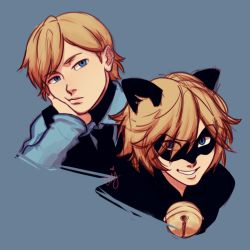 Rule 34 | 1boy, animal ears, bell, blonde hair, blue background, blue eyes, cat boy, cat ears, ceejles, chat noir, domino mask, dual persona, felix (miraculous ladybug), grin, hand on own cheek, hand on own face, highres, lips, looking at viewer, male focus, mask, miraculous ladybug, necktie, signature, simple background, smile