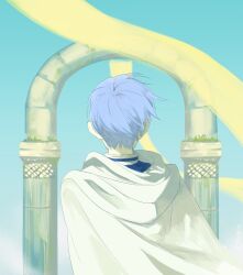 Rule 34 | 1boy, arch, blue hair, blue sky, cape, chamwa, commentary, english commentary, from behind, highres, himmel (sousou no frieren), male focus, outdoors, pillar, ribbon, short hair, sky, solo, sousou no frieren, upper body, white cape, yellow ribbon
