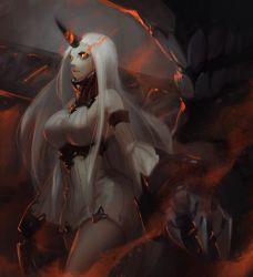 Rule 34 | 10s, 1girl, 3four, abyssal ship, claws, colored skin, dress, glowing, glowing eyes, horns, kantai collection, long hair, orange eyes, ribbed dress, seaport princess, single horn, solo, white dress, white hair, white skin