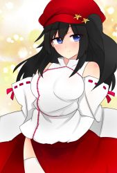 Rule 34 | 1girl, bare shoulders, black hair, blue eyes, breasts, cabbie hat, chiru (218mg), closed mouth, commentary request, detached sleeves, flat cap, hat, hat ornament, highres, label girl (dipp), long hair, long skirt, long sleeves, mandarin collar, medium breasts, pelvic curtain, red hat, red ribbon, red skirt, ribbon, ribbon-trimmed sleeves, ribbon trim, side ponytail, skirt, star (symbol), star hat ornament, thighhighs, touhou, vest, white sleeves, white thighhighs, white vest, wide sleeves
