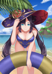 Rule 34 | 1girl, absurdres, adjusting clothes, adjusting headwear, aiueo exe, alternate costume, aqua eyes, beach, breasts, cleavage, cloud, cloudy sky, collarbone, crescent, feet out of frame, genshin impact, hat, highres, holding, holding swim ring, innertube, leaf, leaning forward, light smile, long hair, looking at viewer, medium breasts, mona (genshin impact), one-piece swimsuit, outdoors, purple hair, purple one-piece swimsuit, sidelocks, sky, solo, sparkle print, standing, star (symbol), swim ring, swimsuit, water, witch hat