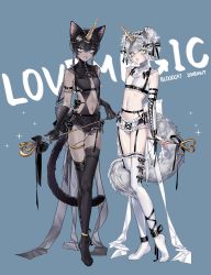 Rule 34 | 2boys, animal ear fluff, animal ears, anklet, armlet, arms behind back, artist name, back bow, bare shoulders, black bow, black gloves, black hair, black legwear, black ribbon, bloodcat (babacatcat), blue eyes, bow, bulge, cat boy, cat ears, cat tail, center opening, chestnut mouth, ciba (bloodcat), closed mouth, commentary, crop top, cuffs, dark-skinned male, dark skin, detached collar, detached sleeves, earrings, eyelashes, frilled hairband, frilled skirt, frills, full body, garter belt, garter straps, gloves, green eyes, hair ribbon, hairband, head chain, heart, highres, hip vent, holding, horn ornament, horns, jewelry, looking at viewer, microskirt, midriff, mijiu (bloodcat), multiple boys, navel, no shoes, open mouth, original, panties, pinky out, revealing clothes, ribbon, ring, see-through, silver hair, single earring, single garter strap, single horn, skirt, sleeveless, sleeves past wrists, slit pupils, sparkle, standing, symbol-only commentary, tail, thigh strap, thighs, tiptoes, underwear, wavy hair, white legwear, white panties, white ribbon