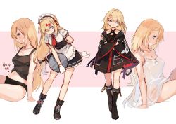 Rule 34 | 2girls, ahoge, apron, asymmetrical legwear, black gloves, blonde hair, blue eyes, blush, boots, braid, braided bangs, breasts, choker, closed mouth, collarbone, cosplay, costume switch, cross-laced footwear, dress, g36 (girls&#039; frontline), g36 (girls&#039; frontline) (cosplay), girls&#039; frontline, gloves, hair between eyes, hair ornament, hair over one eye, heterochromia, highres, holding, imoko (imonatsuki), lace-up boots, long hair, looking at viewer, maid, maid apron, maid headdress, medium breasts, mg36 (girls&#039; frontline), mg36 (girls&#039; frontline) (cosplay), multiple girls, o-ring, sidelocks, single sock, sitting, smile, socks, standing, thigh strap, uneven legwear, very long hair