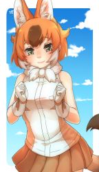 Rule 34 | 1girl, animal ear fluff, animal ears, bare arms, bare shoulders, blue sky, brown hair, clenched hands, cloud, commentary, cowboy shot, dhole (kemono friends), dog ears, dog tail, fur collar, gloves, highres, kemono friends, looking at viewer, multicolored hair, orange hair, orange ribbon, orange skirt, pleated skirt, ribbon, shirt, short hair, skirt, sky, sleeveless, sleeveless shirt, smile, solo, tail, thin (suzuneya), two-tone hair, white gloves, wrist ribbon, yellow eyes