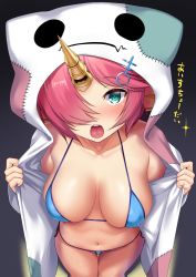 Rule 34 | 1girl, aqua eyes, bandages, bikini, blue bikini, blue ribbon, blush, breasts, cleavage, collarbone, commentary request, fate/grand order, fate (series), frankenstein&#039;s monster (fate), frankenstein&#039;s monster (swimsuit saber) (fate), frankenstein&#039;s monster (swimsuit saber) (second ascension) (fate), from above, groin, hair ornament, hair over one eye, highres, hitotsuki nebura, hood, hood up, horns, large breasts, looking at viewer, looking up, mechanical horns, naked bandage, navel, open clothes, open mouth, pink hair, ribbon, short hair, single horn, solo, sparkle, strapless, swimsuit, translation request