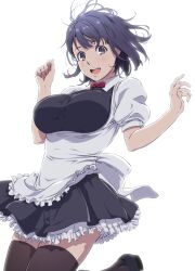 Rule 34 | 1girl, :d, absurdres, apron, black dress, black eyes, black hair, bow, bowtie, breasts, brown thighhighs, dress, feet out of frame, framed breasts, highres, kakitama, large breasts, leg up, looking at viewer, open mouth, original, petticoat, red bow, red bowtie, short hair, short sleeves, simple background, smile, solo, thighhighs, traditional bowtie, white apron, white background, zettai ryouiki