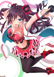 Rule 34 | 1girl, ;3, ahoge, arms up, bare shoulders, black thighhighs, blue eyes, blush, breasts, brown hair, cleavage, collarbone, commentary request, earrings, garter straps, high heels, highres, holding, holding microphone, ichinose shiki, idolmaster, idolmaster cinderella girls, jewelry, jumping, large breasts, layered skirt, long hair, looking at viewer, microphone, one eye closed, open mouth, red footwear, sazamiso rx, signature, skirt, smile, solo, thighhighs, two side up, wavy hair