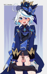 Rule 34 | 1girl, ahoge, asymmetrical gloves, bar censor, black gloves, black shorts, blue background, blue eyes, blue hair, blue hat, blue jacket, blush, censored, clothes pull, commentary request, erection, furina (genshin impact), futanari, genshin impact, gloves, grey background, hair between eyes, hat, heterochromia, highres, jacket, long sleeves, mirin chikuwa, mismatched gloves, multicolored hair, open mouth, penis, precum, pulled by self, shorts, shorts pull, solo, testicles, twitter username, two-tone background, two-tone hair, white gloves, white hair