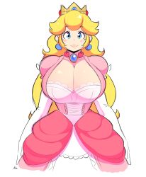 Rule 34 | 1girl, adapted costume, blonde hair, blue eyes, bra, breasts, cleavage, crown, dress, earrings, elbow gloves, gloves, highres, huge breasts, jewelry, lace, lace bra, lips, long hair, looking at viewer, mario (series), necklace, nintendo, princess peach, simple background, sketch, solo, theycallhimcake, underwear, white background, white bra