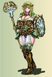 Rule 34 | 1girl, alternate breast size, alternate costume, alternate hairstyle, armor, belt, belt buckle, blush, boots, breasts, buckle, commentary request, elf, elf (monster girl encyclopedia), gloves, green eyes, green hair, headgear, heart, highres, holding, holding shield, holding weapon, large breasts, leather, leather boots, leather gloves, looking at viewer, medium hair, monster girl encyclopedia, pointy ears, shield, simple background, smile, solo, staff, standing, tunic, udetamago, weapon