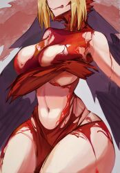 Rule 34 | 1girl, bare shoulders, blonde hair, breast hold, breasts, cleavage, collarbone, facial mark, fate/grand order, fate (series), fur collar, highres, large breasts, navel, nero claudius (fate), nero claudius (fate) (all), obazzotto, pelvic curtain, queen draco (beast vi/s) (fate), queen draco (fate), red eyes, red skirt, revealing clothes, short hair, skirt, thick thighs, thighs, tongue, tongue out, veil, wide hips