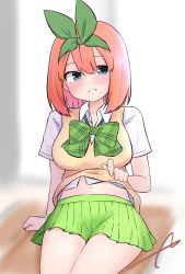 Rule 34 | 1girl, arm support, blue eyes, blurry, blurry background, blush, bow, breasts, collared shirt, commentary request, depth of field, eyebrows hidden by hair, go-toubun no hanayome, green bow, green ribbon, green skirt, hair between eyes, hair ribbon, highres, kujou karasuma, lifted by self, looking at viewer, medium breasts, nakano yotsuba, navel, orange hair, pleated skirt, ribbon, shirt, short sleeves, signature, sitting, skirt, smile, solo, sweater vest, white shirt