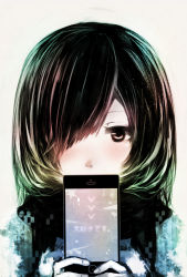 Rule 34 | 1girl, bad id, bad pixiv id, black hair, brown eyes, cellphone, covered mouth, female focus, hair over one eye, highres, looking at viewer, original, phone, scarf, shuji6969, simple background, smartphone, solo