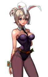 Rule 34 | 1girl, animal ears, arm behind back, battle bunny riven, belt, blonde hair, blue eyes, carrot, cowboy shot, detached collar, fake animal ears, hand on own arm, kim na young, league of legends, leotard, looking at viewer, pantyhose, playboy bunny, rabbit ears, riven (league of legends), simple background, skin tight, smile, solo, white hair, wrist cuffs
