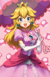 Rule 34 | 1girl, :d, athenawyrm, blonde hair, blue eyes, blush, breasts, brooch, cowboy shot, crown, dress, earrings, elbow gloves, gem, gloves, heart, holding, holding umbrella, jewelry, lips, long hair, mario (series), medium breasts, nintendo, open mouth, outline, parasol, pink dress, pink theme, princess peach, puffy short sleeves, puffy sleeves, round teeth, short sleeves, smile, solo, super mushroom, tareme, teeth, umbrella, upper body, white gloves