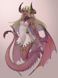 Rule 34 | 1girl, :d, absurdres, blonde hair, blue eyes, blunt bangs, claws, dark-skinned female, dark skin, dragon girl, dragon horns, dragon tail, dragon wings, dress, fantasy, full body, gradient background, highres, horns, long hair, looking at viewer, nishi, open mouth, original, pointy ears, scales, smile, solo, tail, white dress, wings