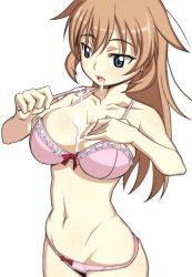 Rule 34 | 00s, 1girl, blue eyes, bra, breasts, brown hair, brushing teeth, caryo, charlotte e. yeager, cleavage, curvy, groin, large breasts, lingerie, long hair, nanashino, panties, pink bra, pink panties, saliva, sexually suggestive, solo, standing, strike witches, toothbrush, underwear, underwear only, world witches series