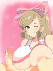 Rule 34 | 10s, 1girl, bare shoulders, blonde hair, blush, breast sucking, breasts, censored, clothed female nude male, clothes lift, green eyes, hair ribbon, handjob, haruka (senran kagura), highres, huge breasts, joutarou, lactation, looking down, milk, mosaic censoring, motion blur, naughty face, no eyes, nude, nursing handjob, one breast out, penis, ribbon, senran kagura, shiny skin, shirt lift, short hair, simple background, smile, swimsuit, wince