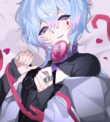 Rule 34 | 1boy, black shirt, blue hair, braid, candy, diamond facial mark, fingernails, food, grey jacket, hair between eyes, heart, highres, holding, holding candy, holding food, holding lollipop, jacket, jacket partially removed, jewelry, lollipop, long bangs, looking at viewer, mahjong, mahjong soul, mahjong tile, male focus, mayo (cocoacat19), multicolored hair, multiple rings, open mouth, pink hair, purple nails, ring, ryan (mahjong soul), shirt, short hair, side braid, single braid, smile, solo, two-tone hair, upper body