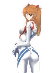 Rule 34 | 1girl, absurdres, ass, blue eyes, bodysuit, breasts, brown hair, curvy, evangelion: 3.0+1.0 thrice upon a time, eyepatch, highres, huge ass, kikubisi, long hair, looking at viewer, looking back, medium breasts, neon genesis evangelion, plugsuit, rebuild of evangelion, shiny clothes, simple background, skin tight, solo, souryuu asuka langley, standing, turtleneck, white background, white bodysuit, wide hips