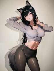 Rule 34 | 1girl, :o, absurdres, ai-assisted, alternate costume, animal ear fluff, animal ear piercing, animal ears, arched back, arknights, arm behind head, arm up, artist name, black eyeliner, black hair, black pantyhose, blush, breasts, bright pupils, cameltoe, cleavage, commentary, commentary request, contrapposto, cowboy shot, cursive, double-parted bangs, drop shadow, english commentary, expressionless, eyelashes, eyeliner, facing viewer, film grain, from side, gradient eyes, grey background, grey shirt, grey tail, groin tendon, hair between eyes, hair flowing over, hand in own hair, hand up, hatching (texture), highres, lattekoi5252, linear hatching, lips, lipstick, long hair, long sleeves, looking afar, looking to the side, makeup, medium breasts, midriff, multicolored eyes, navel, open hand, palms, pantyhose, parted lips, pink lips, puffy long sleeves, puffy sleeves, purple eyes, shade, shadow, shiny clothes, shiny legwear, shiny skin, shirt, shirt rolled up, sideways glance, signature, single sidelock, sleeve cuffs, solo, sparkle, spotlight, standing, stomach, straight hair, tail, teeth, texas (arknights), thighs, toned, two-tone eyes, very long hair, wall, wallpaper (object), white pupils, wolf ears, wolf girl, wolf tail, yellow eyes