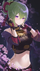 Rule 34 | 1girl, absurdres, black nails, blurry, blurry background, blush, breasts, cherry blossoms, cleavage, closed mouth, commentary, crop top, cropped jacket, depth of field, fishnet top, fishnets, genshin impact, gloves, gold, green hair, hands up, highres, hiroserii, jacket, kuki shinobu, medium breasts, midriff, nail polish, navel, night, ninja, partially fingerless gloves, petals, ponytail, purple eyes, purple jacket, shirt, sleeveless, sleeveless shirt, solo, stomach, upper body, v-shaped eyebrows