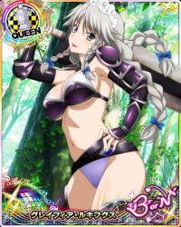 Rule 34 | 1girl, armor, bikini, bikini armor, braid, breasts, card (medium), character name, chess piece, cleavage, day, grayfia lucifuge, grey eyes, grey hair, high school dxd, high school dxd born, holding, holding sword, holding weapon, large breasts, lipstick, long hair, looking at viewer, maid headdress, makeup, matching hair/eyes, navel, queen (chess), red lips, sideboob, smile, solo, standing, swimsuit, sword, thighhighs, twin braids, underboob, weapon, white bikini