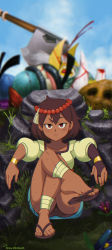 Rule 34 | 1girl, ajna (indivisible), anklet, artist name, axe, beads, black eyes, black footwear, black gloves, black hair, blue sky, blurry, blurry background, bracelet, bridal gauntlets, closed mouth, clothes lift, cloud, cloudy sky, commentary, crossed legs, dark-skinned female, dark skin, day, depth of field, draw-till-death, english commentary, feet, frown, gloves, green skirt, hair beads, hair ornament, half-closed eyes, highres, indivisible, jewelry, long sleeves, looking at viewer, rock, sandals, sash, shirt, shoe dangle, short hair, sitting, skirt, skirt lift, sky, solo, sweat, tied skirt, white shirt