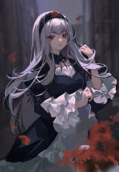 Rule 34 | 1girl, absurdres, black collar, black dress, black hairband, black ribbon, breasts, closed mouth, collar, commentary, cowboy shot, detached collar, dress, flower, frilled dress, frilled hairband, frilled sleeves, frills, gothic lolita, hairband, highres, juliet sleeves, layered dress, lolita fashion, lolita hairband, long hair, long sleeves, looking at viewer, medium breasts, mio4moon, neck ribbon, petals, puffy sleeves, red eyes, red flower, ribbon, rozen maiden, sleeve ribbon, smile, solo, suigintou, white dress