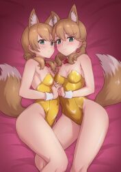 Rule 34 | 2girls, absurdres, alice gear aegis, animal ears, bare legs, bow, bowtie, breasts, brown eyes, feet out of frame, fox ears, fox tail, gold leotard, green eyes, highres, holding hands, hutokumi, kotomura akane, kotomura amane, long hair, looking at viewer, low twintails, medium breasts, multiple girls, nontraditional playboy bunny, red bow, red bowtie, siblings, sisters, tail, twins, twintails