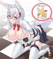 Rule 34 | 2girls, :q, animal ears, apron, areola slip, bow, bowtie, breast rest, breasts, carried breast rest, carrying, checkered floor, dojikko, elbow gloves, female focus, fox ears, fox tail, garter straps, glasses, gloves, gradient background, huge breasts, kneeling, large breasts, long hair, maid, maid apron, maid headdress, michaelob, mike (foxbox), multiple girls, original, red eyes, semi-rimless eyewear, silver hair, solo focus, spoken object, suggestive fluid, tail, tongue, tongue out, translation request, under-rim eyewear, white gloves, white legwear