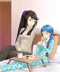 Rule 34 | 2girls, alternate costume, beans, black hair, blue hair, blue pajamas, braid, bread, breakfast, breasts, egg (food), fire emblem, fire emblem fates, food, high ponytail, highres, igni tion, large breasts, lilith (fire emblem), medium breasts, mikoto (fire emblem), milk, mother and daughter, multicolored hair, multiple girls, nintendo, pajamas, red hair, sausage, side ponytail, single braid, tray, two-tone hair