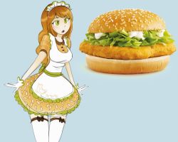 Rule 34 | 1girl, :o, apron, bird, breasts, brown hair, burger, buttons, chicken, chicken (food), commentary, dress, eyelashes, food, frills, gloves, green eyes, lettuce, long hair, magpie (fellune), maid, maid apron, maid headdress, mayonnaise, mcdonald&#039;s, medium breasts, open mouth, personification, photo (medium), plaid, sandwich, short dress, short sleeves, solo, thighhighs, waitress, white gloves, white thighhighs