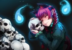 Rule 34 | 1girl, animal ears, arms up, black background, blondy (ldlong), blunt bangs, braid, cat ears, cat tail, closed eyes, commentary, dress, extra ears, green dress, hair ribbon, head tilt, highres, hitodama, holding, holding skull, juliet sleeves, kaenbyou rin, long sleeves, multiple tails, pile of skulls, pointy ears, puffy sleeves, red hair, ribbon, short hair, skull, smile, solo, standing, tail, touhou, twin braids, upper body