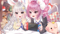 Rule 34 | 2girls, absurdres, animal ears, bed, black sweater, book, bookshelf, rabbit ears, cat ears, cat tail, curly hair, drill hair, elin, fang, hair ornament, hairclip, hand on own cheek, hand on own face, highres, kaname warabi, long hair, lying, multiple girls, nail polish, nintendo switch, on stomach, open mouth, pillow, pink eyes, pink hair, playing games, pointing, poke ball, shirt, grey eyes, silver hair, smile, stuffed toy, sweater, tail, tera online, twintails, very long hair, white shirt, yellow sweater