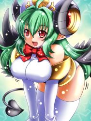 Rule 34 | 1girl, arcana trust, bare shoulders, breasts, demon girl, demon tail, elbow gloves, female focus, gloves, green hair, hat, horns, huge breasts, kitsutan, leaning forward, long hair, open mouth, pointy ears, red eyes, shinrabanshou, solo, standing, symbol-shaped pupils, tail, thighhighs, white gloves, white thighhighs