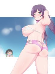 Rule 34 | 2girls, arm up, armpits, ass, blush, breasts, from behind, green eyes, highres, in-franchise crossover, large breasts, long hair, love live!, love live! nijigasaki high school idol club, love live! school idol project, maidforge, multiple girls, nipples, pasties, purple hair, shorts, smile, sweat, takasaki yu, tojo nozomi