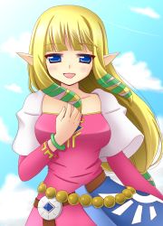 Rule 34 | 1girl, bad id, bad pixiv id, belt, blonde hair, blue eyes, blush, dress, hair ribbon, hand on own chest, hands on own chest, highres, hinata mirun, long hair, nintendo, open mouth, pointy ears, princess zelda, ribbon, smile, solo, the legend of zelda, the legend of zelda: skyward sword