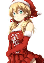 Rule 34 | 10s, 1girl, aqua eyes, blonde hair, bow, elbow gloves, gloves, hair bow, hair ribbon, hat, kantai collection, kouji (campus life), long hair, looking at viewer, prinz eugen (kancolle), red gloves, ribbon, santa hat, simple background, solo, twintails, white background