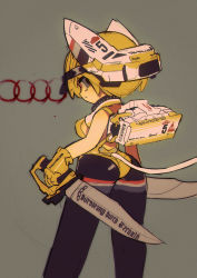 Rule 34 | 1girl, ass, audi, audi quattro, blonde hair, breasts, dagger, dual wielding, from behind, german text, grey eyes, highres, holding, holding dagger, holding knife, holding weapon, horns, knife, looking back, mecha musume, medium breasts, original, personification, rikona, short hair, solo, translated, weapon, wire