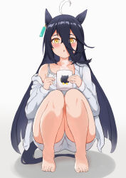Rule 34 | 1girl, :o, absurdres, ahoge, animal ears, barefoot, black hair, blush, collarbone, commentary request, cup, earrings, full body, hair between eyes, highres, hojichabu, holding, holding cup, horse ears, horse girl, horse tail, jacket, jewelry, long bangs, long hair, long sleeves, looking at viewer, manhattan cafe (umamusume), off shoulder, shirt, shorts, simple background, single earring, sitting, sleeveless, sleeveless shirt, smoke, solo, squatting, tail, thighs, umamusume, white background, white jacket, white shirt, white shorts
