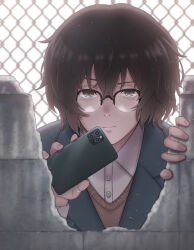 Rule 34 | 46 crt, absurdres, androgynous, blazer, blue jacket, brown eyes, brown hair, brown sweater vest, chain-link fence, day, fence, glasses, hair between eyes, highres, holding, holding phone, jacket, looking at viewer, mole, mole under eye, outdoors, phone, school uniform, solo, sweater vest