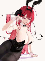 Rule 34 | 1girl, absurdres, animal ears, arm strap, azur lane, bare shoulders, black horns, black leotard, black pantyhose, breasts, cleavage, covered navel, cup, curled horns, detached collar, fake animal ears, galodos, highres, hindenburg (azur lane), hindenburg (delirious duel) (azur lane), holding, holding cup, horns, huge breasts, leotard, long hair, looking at viewer, official alternate costume, pantyhose, playboy bunny, pouring, pouring onto self, purple eyes, red hair, sitting, slit pupils, solo, strapless, strapless leotard, thighband pantyhose, undersized breast cup, very long hair, wrist cuffs
